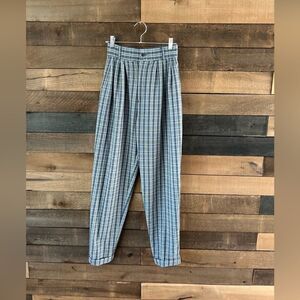 Vintage Plaid High Waisted Daily Habit Trousers Navy White Pleated Pants